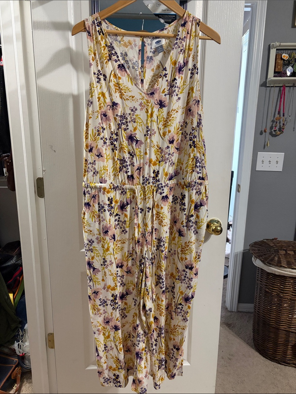 Old Navy Cream Floral Sleeveless Jumpsuit with Yellow & Purple Blooms